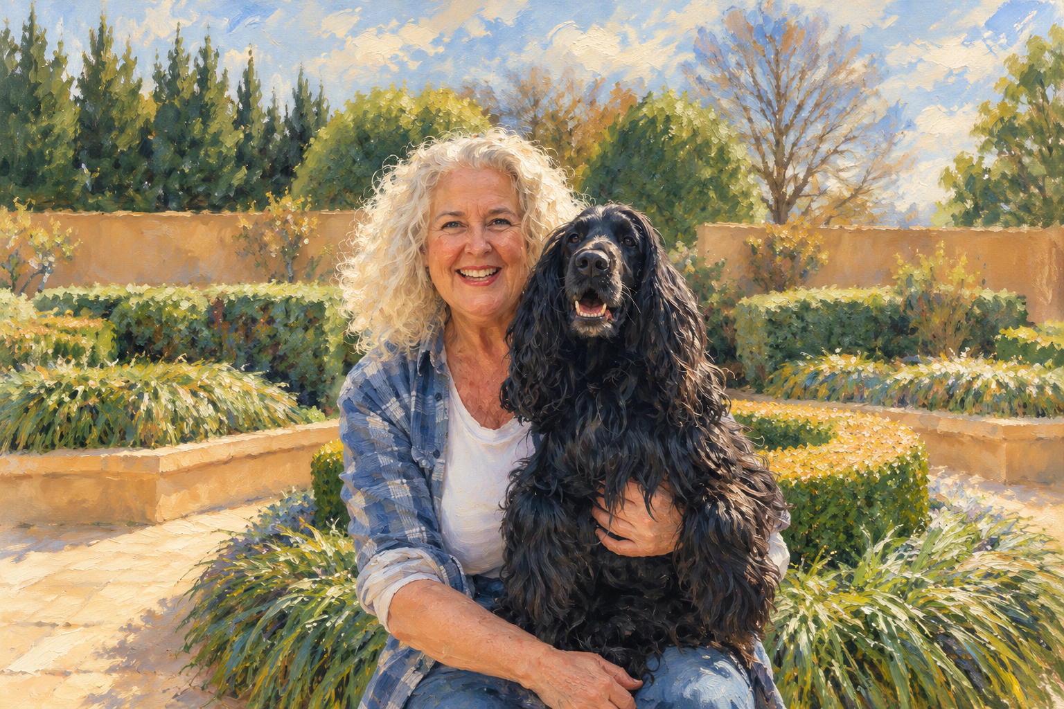 Painterly portrait of Amara Williams with her dog in a garden